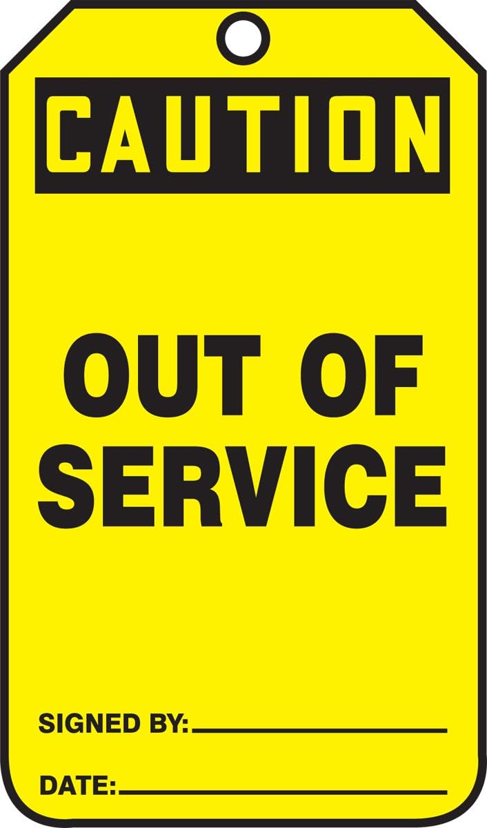 [Australia - AusPower] - Accuform Signs MDT641CTP Safety Tag, Legend "Caution Out of Service", 5.75" Length x 3.25" Width x 0.010" Thickness, PF-Cardstock, Black on Yellow (Pack of 25) 