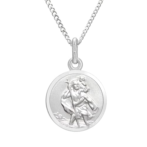 Alexander Castle Small Double-Sided 925 Sterling Silver St Christopher Necklace for Women - 12mm Saint Christopher Medal with 16" Silver Chain & Jewelry Gift Box