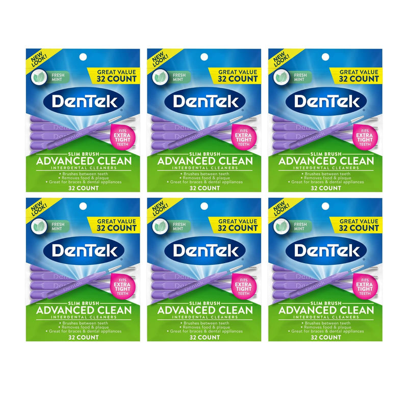 DenTek Advanced Clean Slim Brush Interdental Cleaners, Extra Tight Between Teeth Brushes, Plaque Removal, Dental Picks for Oral Care, Fresh Mint Mouthwash Blast, 32 Count (Pack of 6) 32 Count (Pack of 6)