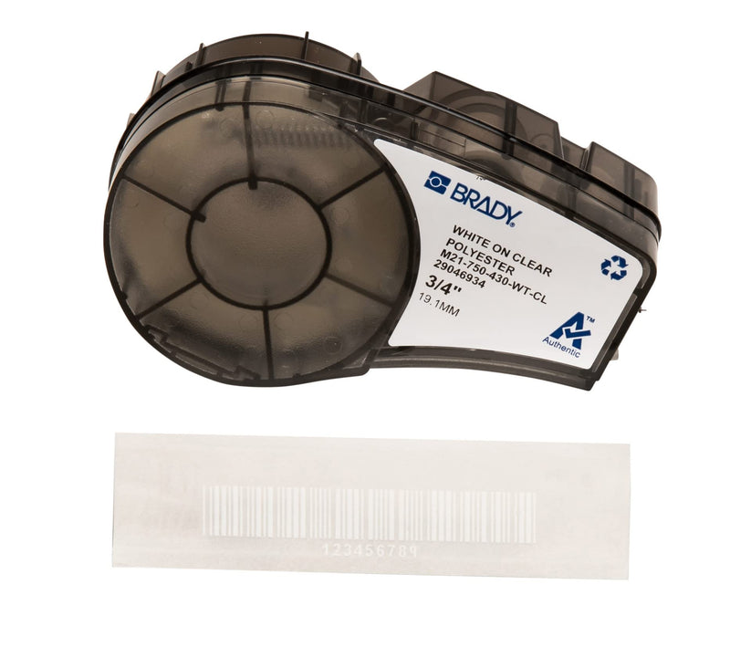 [Australia - AusPower] - Brady Authentic (M21-750-430-WT-CL) Harsh Environment Polyester Label for Lab, Asset Tracking and Datacom, White on Clear- For M210, M210-LAB, M211, BMP21-PLUS and BMP21-LAB Printers, 0.75" W 21' L .75" 