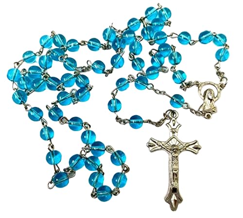 Religious & Catholic Men or Womens Rosary, Aqua Glass Rosary, Material: Glass 6 Mm Bead Size: 20" L, 1 3⁄4" Crucifix, Crafted Using Quality Round, Glass Beads, a Madonna Centerpiece and a Traditional Crucifix. These Rosaries Make Affordable Give-aways ...