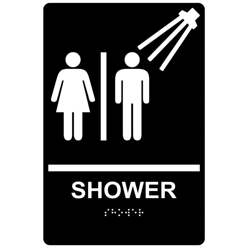 ComplianceSigns.com Shower Sign, ADA-Compliant Braille and Raised Letters, 9x6 inch White on Black Acrylic with Adhesive Mounting Strips, American Made Safety Signs for the Workplace