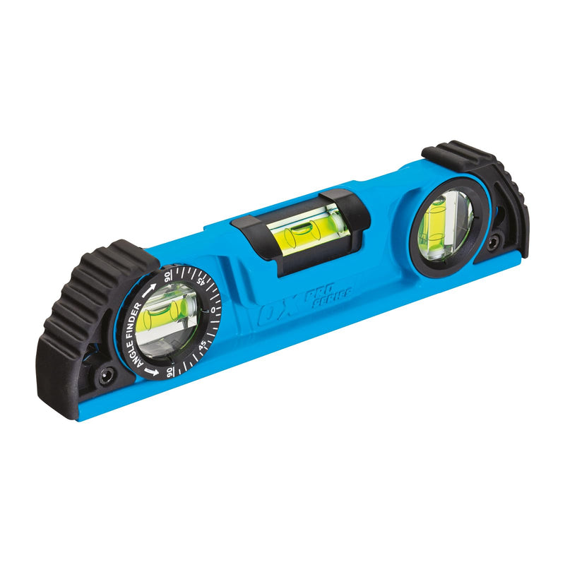 [Australia - AusPower] - OX Tools Pro 10 inch Magnetic Torpedo Level - Adjustable 3-Vial Aluminum Level with V-Groove Base - PVC Shock Absorbing End Caps with Angle Finder Vial - OX-P027210 