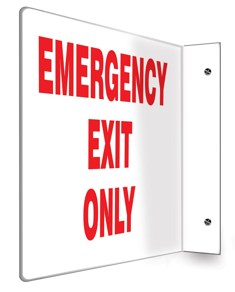 Accuform PSP226 Projection Sign 90D, "Emergency EXIT ONLY", 8" x 12" Panel, 0.10" Thick High-Impact Plastic, Pre-Drilled Mounting Holes, Red on White