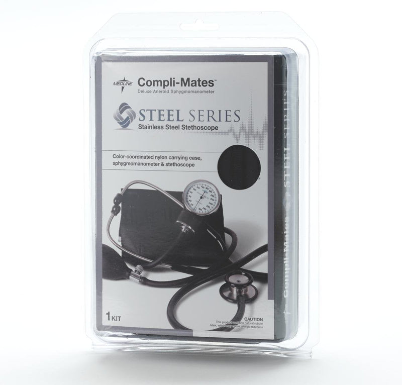 [Australia - AusPower] - Medline Compli-Mates Professional Handheld Adult Aneroid Sphygmomanometer and Dual Head Stethoscope Kit, Stainless Steel, Black, 1 Kit 