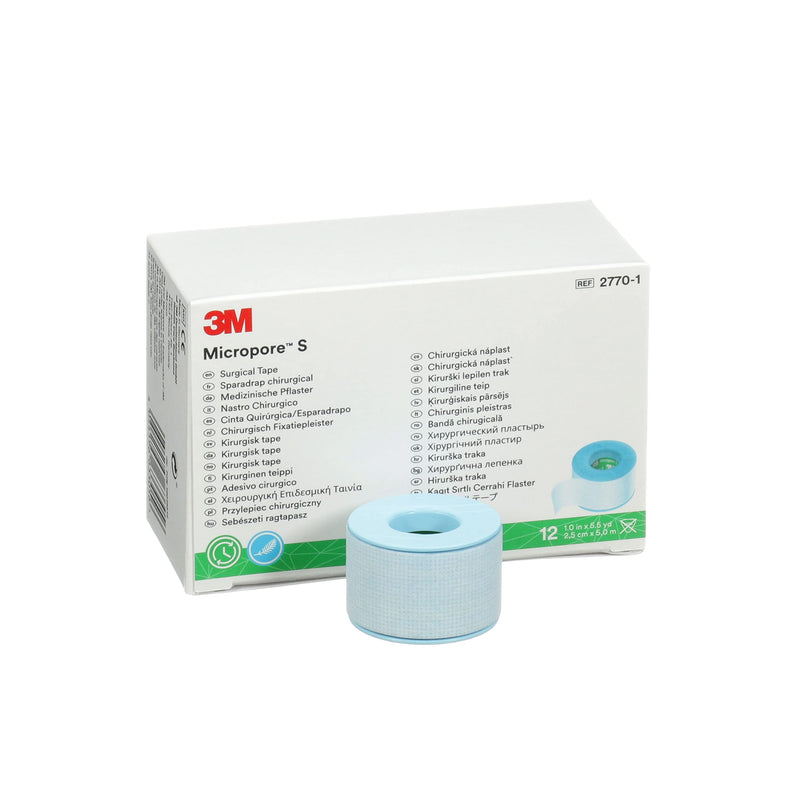 3M™ Micropore™ S Surgical Tape, 2770-1, 1 inch x 5.5 yard (2.5 cm x 5 m), 12 Rolls/Box, 10 Boxes/Case 1 inch x 5.5 yard (2.5 cm x 5 m)