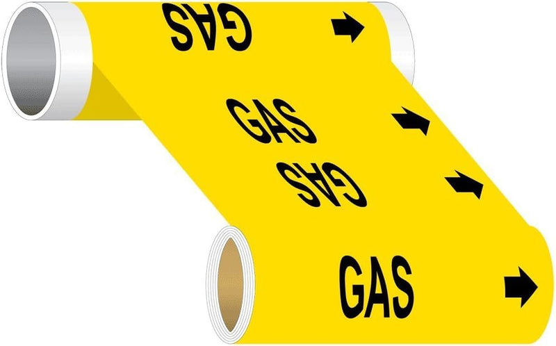 ComplianceSigns.com Gas (Black Legend On Yellow Background) Pipe Label Decal, 8x2 inch 5-Pack Vinyl for Pipe Markers Hazmat 8" x 2" - 5 Pack