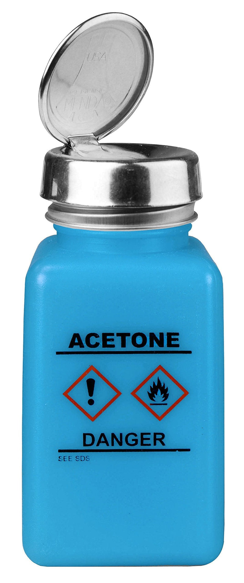 Menda 35730 One Touch Liquid Dispenser Pump Bottle, Acetone Printed, HCS Label, ESD Safe, 6 oz. Dissipative, HDPE/Stainless Steel, Blue