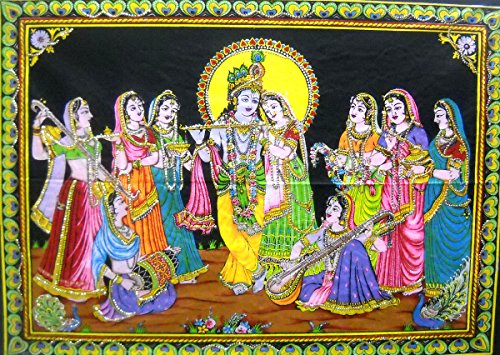 Crafts of India Krishna Raas Lila, Krishna with Radha and Gopis Batik Cotton Wall Painting 40" X 30"