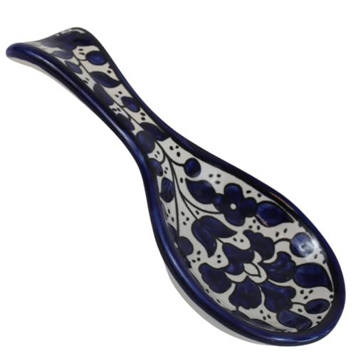 Armenian hand painted cooking Spoon Rest/Ladle Holder - Large with deep Round Cup part - Asfour Outlet Trademark Blue Flowers 8.5 Inches
