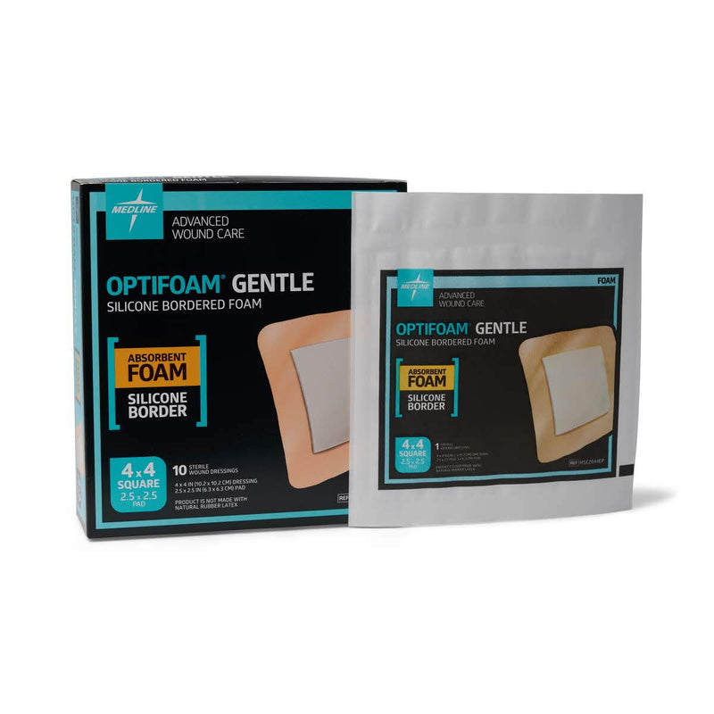 [Australia - AusPower] - Medline Optifoam Gentle Foam Wound Dressing with Silicone Adhesive Border, 4" x 4", Educational Packaging, Pack of 10 4" x 4" 