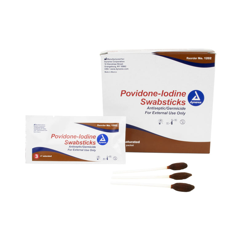 [Australia - AusPower] - Dynarex Povidone Iodine Swabsticks, Convenient Antiseptic to Ensure Skin Preparation, Brown, 1 Box of 25 Foil Packets, 3 Swabsticks Per Foil Packet 