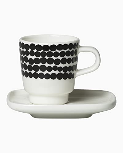 MARIMEKKO Oiva Räsymatto Stoneware Espresso Cup and Saucer Set – Refine Your Kitchen Décor w/Our Iconic White Stoneware — Stylish & Classic Espresso Cups to Elevate Your Coffee Experience (1.76 oz)