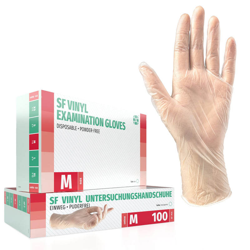 Vinyl Gloves Box of 100, Disposable Examination Gloves, Powder-Free Vinyl Gloves, Latex-Free, Non-Sterile, Medium, Transparent | Latexfreie Einweghandschuhe für Pflege, Untersuchung, Reinigung, Küche, Kosmetik und Haushalt; für Gewerbe und Alltag