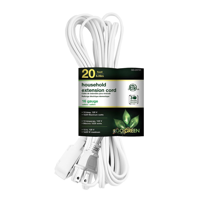 [Australia - AusPower] - Go Green Power Inc. 20ft Household Extension Cord, White, 3 Outlets, 16/2, Indoor Use Only - Safe, Reliable, and Child-Safe Covers - Ideal for Everyday Electronics 20 ft 