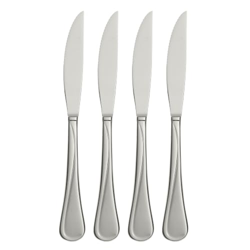 Set of four Oneida flatware flight steak knives with stainless steel blades and handles for a 4-piece silverware set.