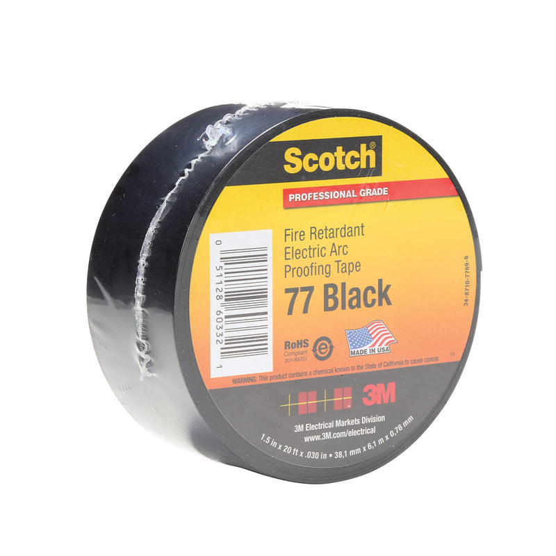 3M Scotch Fire-Retardant Electric Arc Proofing Tape 77, 3 in x 20 ft, Black, 1 Roll, UL Listed and RoHS 2011/65/EU Compliant 3" x 20'