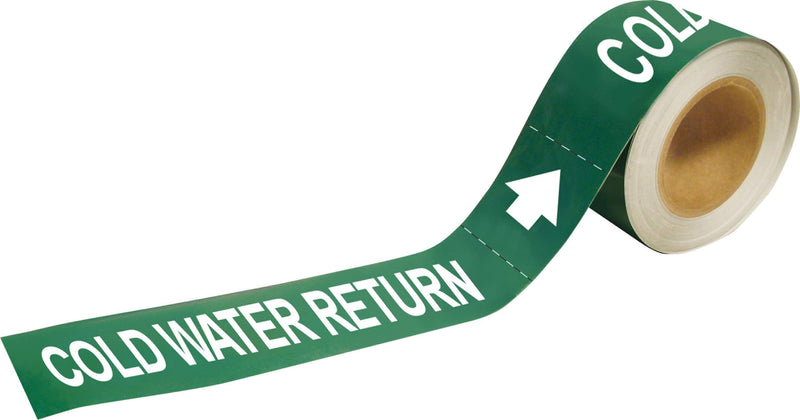 Brady 20413 Economy Pipe Markers-to-Go, B-736, 1" Height X 8" Width, White On Green Self-Sticking - Plastic Film, Legend "Cold Water Return"