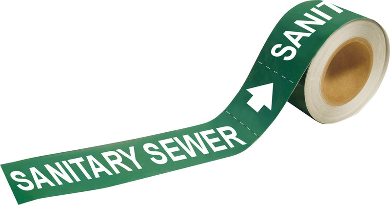 Brady 20465 Economy Pipe Markers-to-Go, B-736, 1" Height X 8" Width, White On Green Self-Sticking - Plastic Film, Legend "Sanity Sewer"