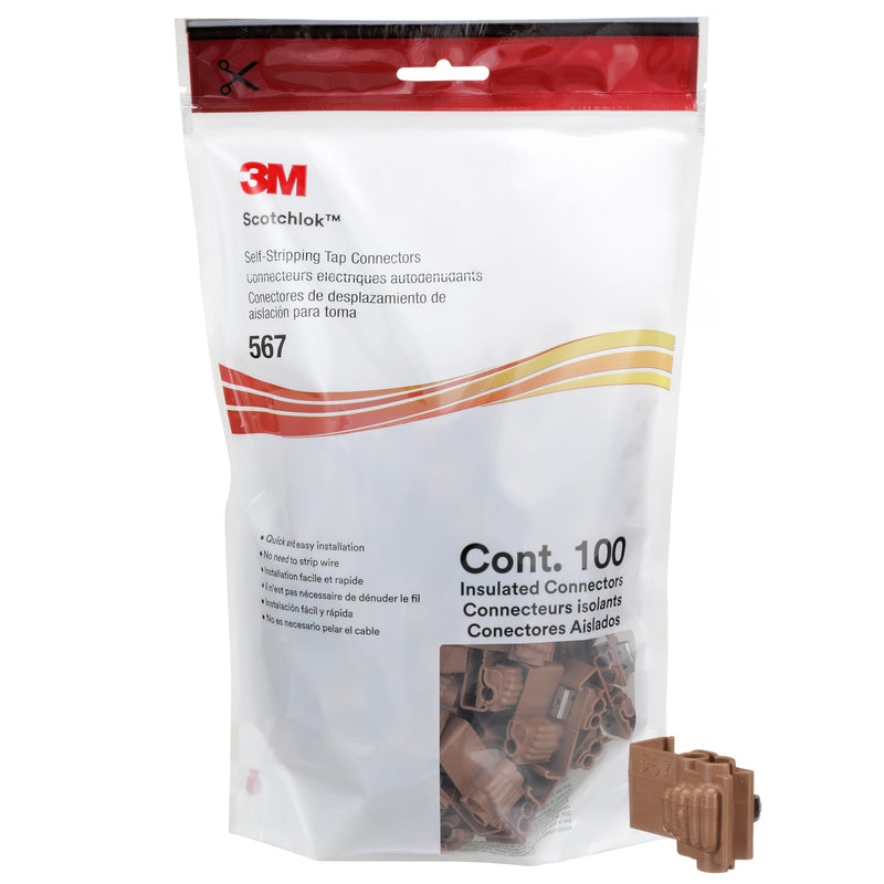 3M Scotchlok Self- Stripping Tap Connectors 567, Run and Tap, Brown, 18-14 Awg (Tap), 12-10 Awg (Run), Bag of 100 Brown 100 per Carton