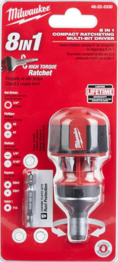 Milwaukee 48-22-2320 compact ratcheting multi-bit screwdriver with ergonomic handle and interchangeable bits