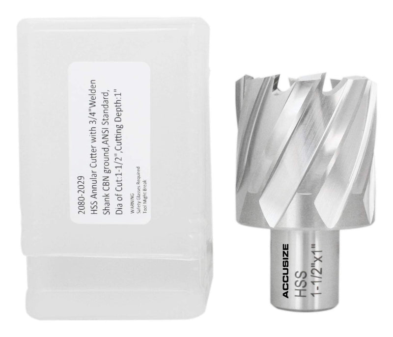Accusize Industrial Tools Hss Annular Cutter, 1-1/2'' Diameter by 1'' Depth with 3/4'' Weldon Shank, Ansi Standard, 2080-2029 | CBN-Ground HSS Cutter for Steel, Machine-Finish Holes, 1/4 in Pilot Pin Hole, ANSI, 2080-2029