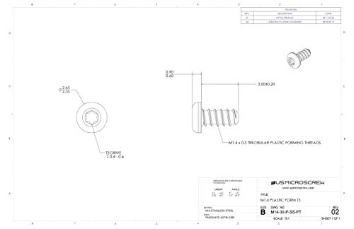 US Micro Screw M1.4 x 3mm stainless steel plastic thread-forming screw with pan head and 6-lobe drive