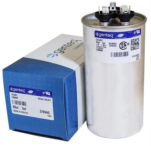 GE - 80 + 5 uF MFD x 370 VAC Genteq Replacement Dual Capacitor Round # C3805R / 27L651