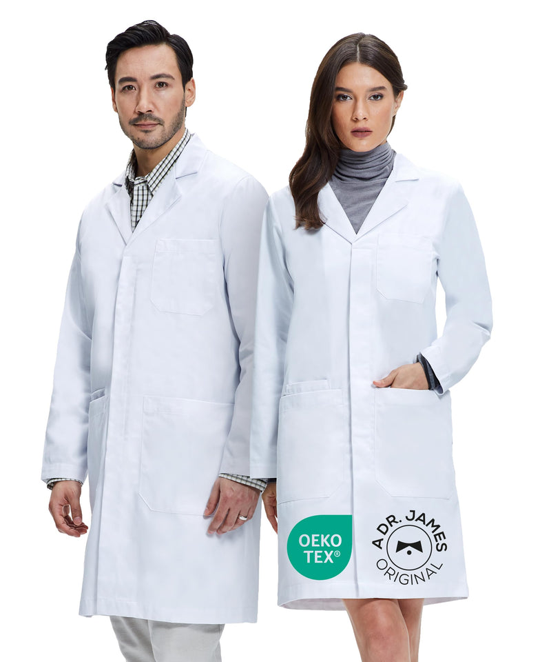 Dr. James 100% Cotton Unisex Lab Coat – White Medical Coat, Classic Fit, 2 Hip Pockets & 1 Chest Pocket, Concealed Snaps S (Men S / Women M)
