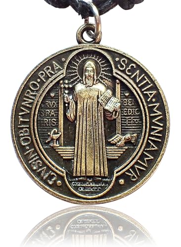 Antique Bronze Saint Benedict of Nursia Medal Pendant Necklace