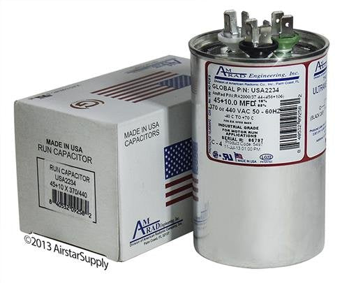 American Standard Replacement - 45 + 10 uf/Mfd 370/440 VAC AmRad Round Dual Universal CapacitorReplacement Made in The U.S.A.