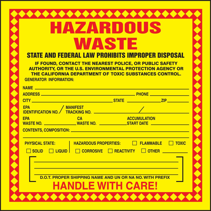 Accuform MHZWCAPSC Adhesive Coated Paper (California) Hazardous Waste Label, Hazardous Waste - State and Federal Law PROHIBITS Improper Disposal...Handle with Care, 6"x6",Red/Black/Yellow (Pack 100) Pack of 100