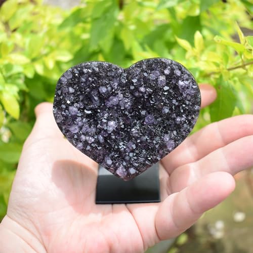 JIC Gem Deep Purple Amethyst Cluster Natural Druzy Heart 3.5" AA Color Beautiful Amazing Geodes Spiritual Healing Home and Office Decor with Base 3.5"