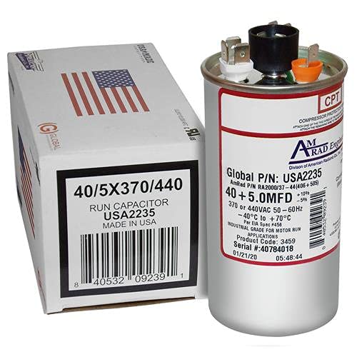 Goodman CAP050400440RTP Replacement - 40 + 5 uf / Mfd 370 / 440 VAC AmRad Round Dual Universal Capacitor , Made in the U.S.A.