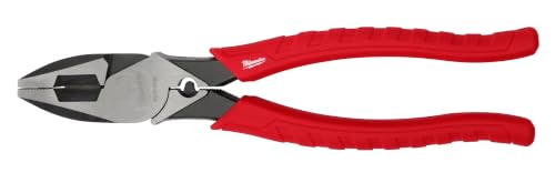 Milwaukee 9-inch red leverage lineman pliers with side cutters, crimper, and pipe reaming head####