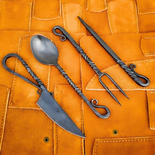 Hand Forged Medieval Cutlery Set - Viking Silverware Set With Leather Cover Black