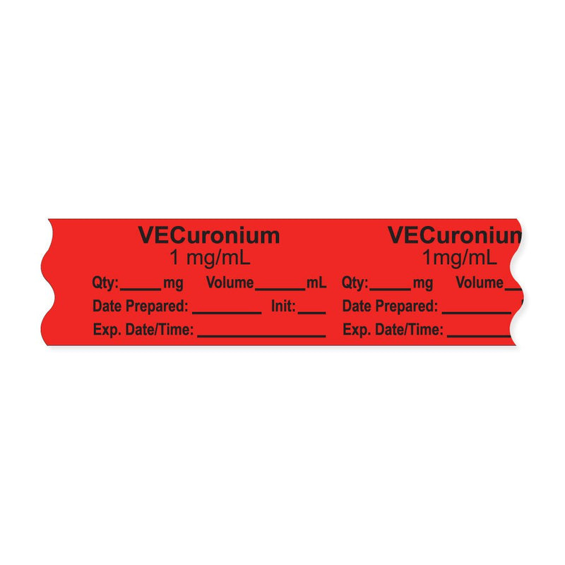 [Australia - AusPower] - AN-2-103D1 "VECuronium 1 mg/mL" Removable Anesthesia Tape with Expiration Date, Time and Initial, 1" Core, 3/4" Width, 500" Length, Fluorescence Red, Pack of 500 