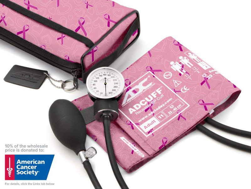 ADC Prosphyg 768 Pocket Aneroid Sphygmomanometer with Adcuff Nylon Blood Pressure Cuff, Adult, and Carrying Case, Breast Cancer Awareness Pink