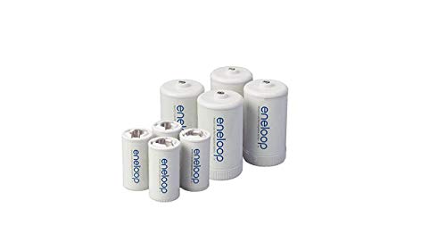 Eneloop 4 C and 4 D size battery spacers for use with Ni-MH rechargeable AA cells, pack of 8