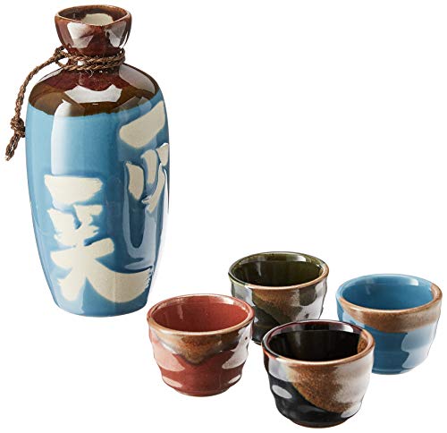 Kotobuki Issho Japanese Calligraphy Sake Set, "Laugh to Stay Young", Turquoise