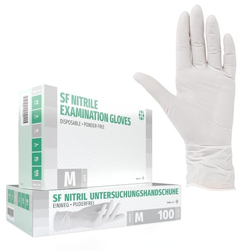 Nitrile Disposable Examination Gloves, Powder-Free, Latex-Free, Non-Sterile, Medium, Box of 100, White | Powder-free disposable gloves for tattoo, workshop, kitchen, cleaning and household use; versatile for commercial and everyday use.