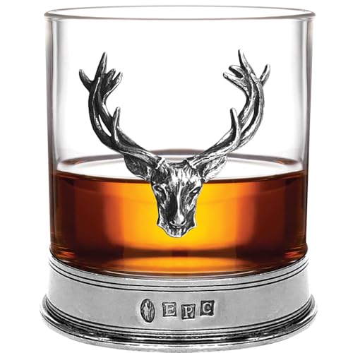 English Pewter Company 11oz Old Fashioned Whisky Rocks Glass With Stag Deer Head Antler and Pewter Base [STAG104]