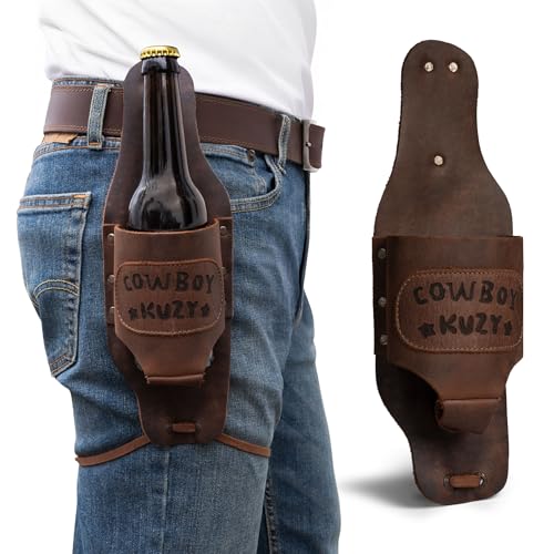 Hide & Drink, Beer Holster for Cowboy, Handsfree Beverage Holder, Western Bottle Leg Grip for Men and Women, Full Grain Leather, Handmade Drinking Accessories Bourbon Brown