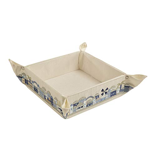 Yair Emanuel Matzah Box for Seder - Holder For Passover Bread -Embroidered Folding Basket (Jerusalem - Blue (MB-5)) Jerusalem - Blue (MB-5)