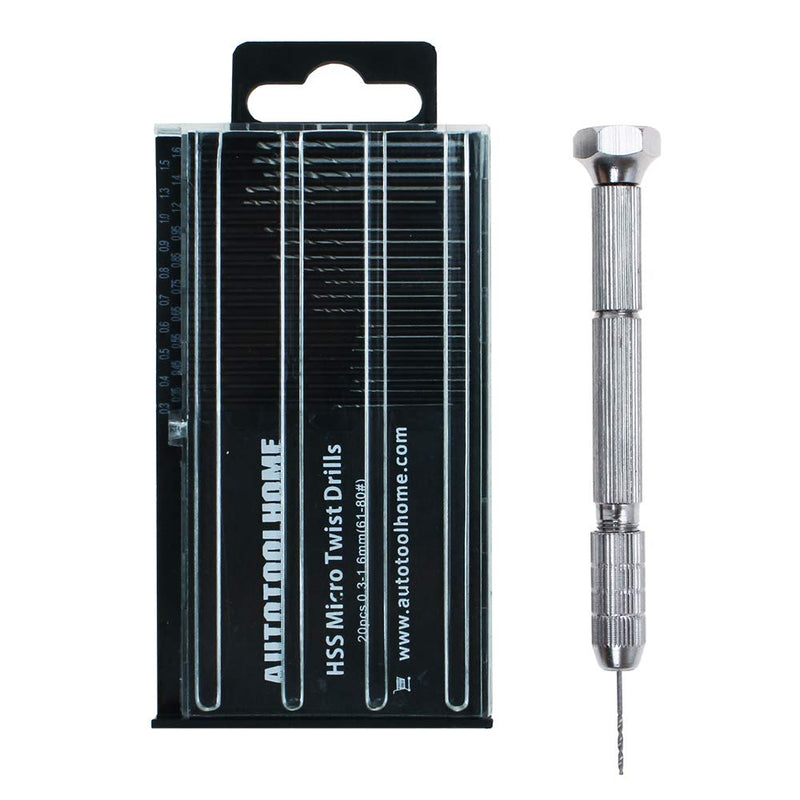 [Australia - AusPower] - AUTOTOOLHOME Precision Pin Vise Copper Hand Drill Set with 20pc Micro Mini Twist Drill Bits Hobby Model Rotary Tool for Wood Jewelry Plastic PVC 0.3-1.6mm 