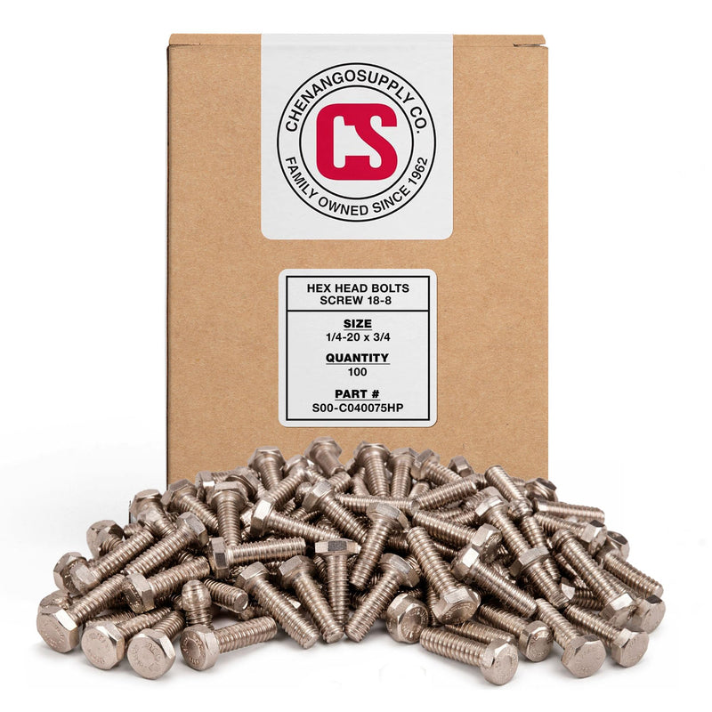 Chenango Supply 1/4-20 x 3/4 Stainless Steel Hex Head Bolts – 304 Stainless, USS Coarse Thread, 100,000–125,000 PSI Tensile Strength, Corrosion-Resistant Hardware Bolts, (100 Pieces, 1/4-20 x .75) 1/4" X 3/4"