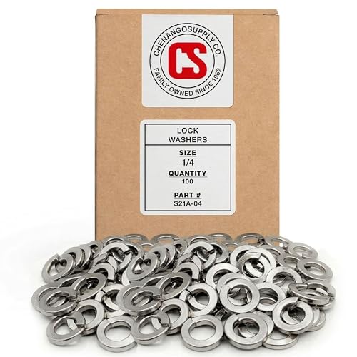 Chenango Supply 1/4-inch stainless steel spring lock washers in a hardware assortment beside packaging