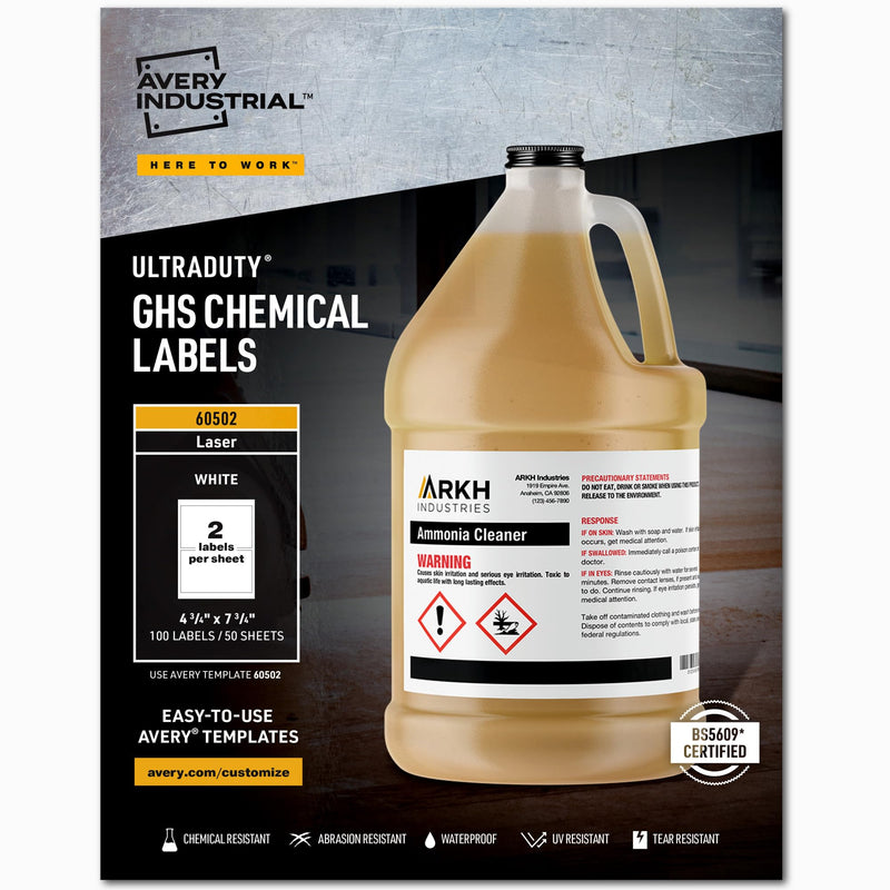[Australia - AusPower] - Avery UltraDuty GHS Chemical Labels for Laser Printers, Waterproof, UV Resistant, 4.75 x 7.75, 100 Pk(60502) 1 Packs 