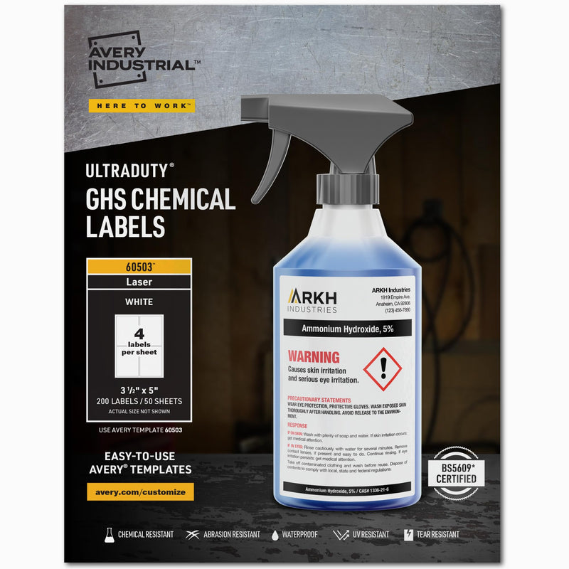 [Australia - AusPower] - Avery UltraDuty GHS Chemical Labels for Laser Printers, Waterproof, UV Resistant, 3.5 x 5, 200 Pack (60503) 