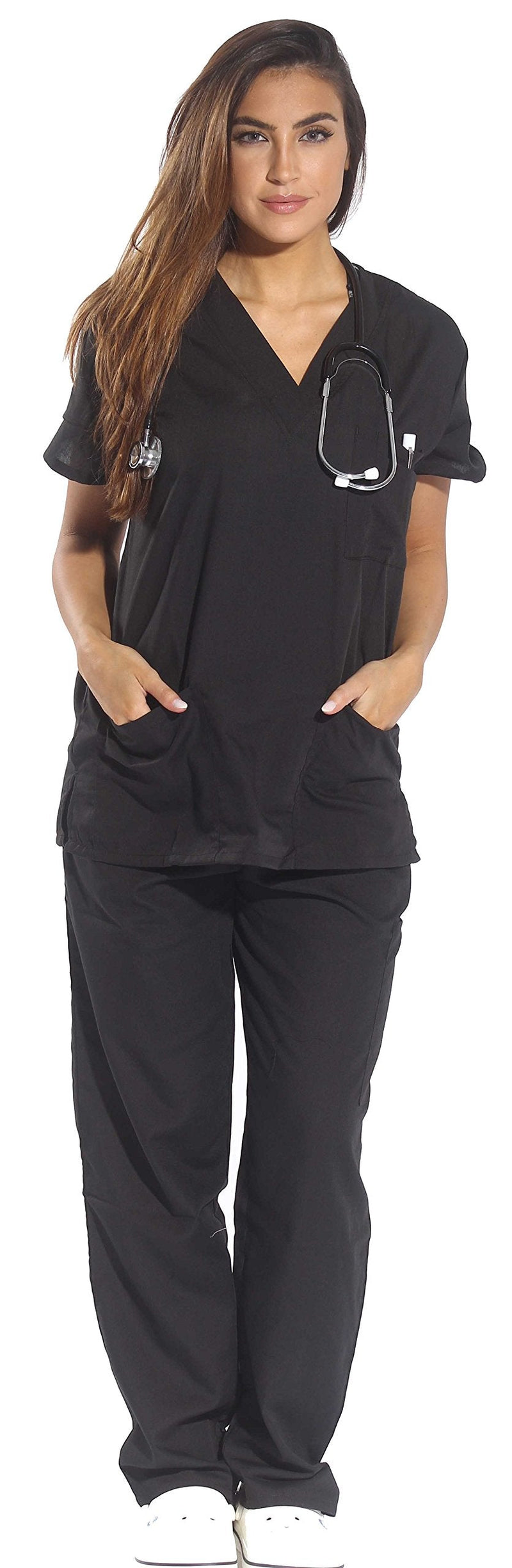 [Australia - AusPower] - Just Love Women's Six Pocket Medical Scrubs Set (V-Neck with Cargo Pant) Medium Black 